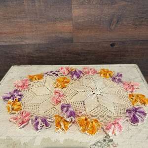 Pair Vintage 8” Round Handmade Star Doilies Fluffy 3-D Purple PinkOrange Pansies